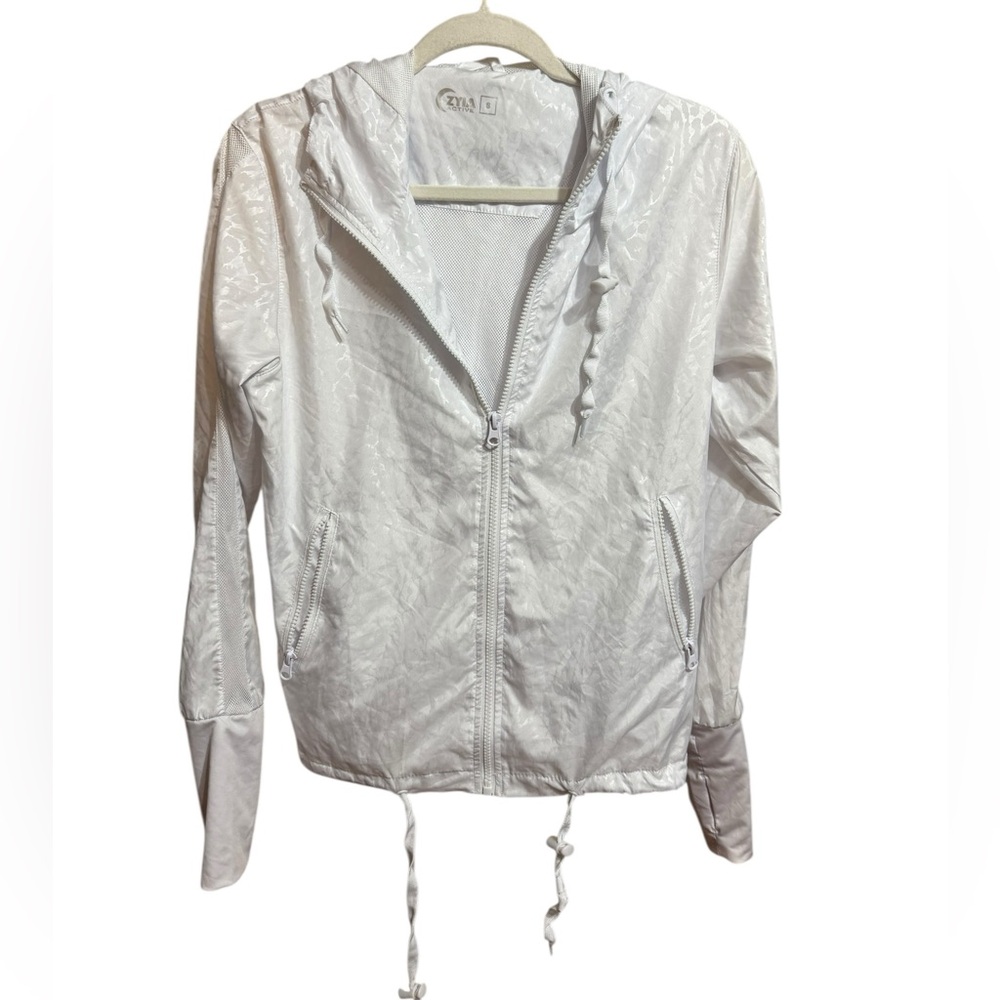 Zyia Leopard Animal Print Full Zip Windbreaker Bomber Jacket in White Size Small